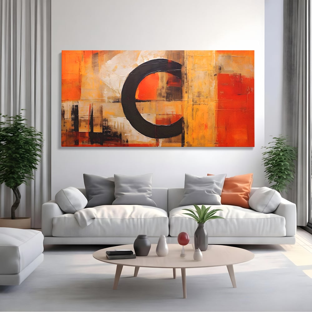 Tablou canvas cu pictura abstracta cu cerc negru, fara rama, pe sasiu de lemn, pe perete intr-un living